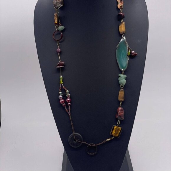 Multicolor Stones Beaded Leather Cord Necklace 47 Inches - Picture 2 of 10